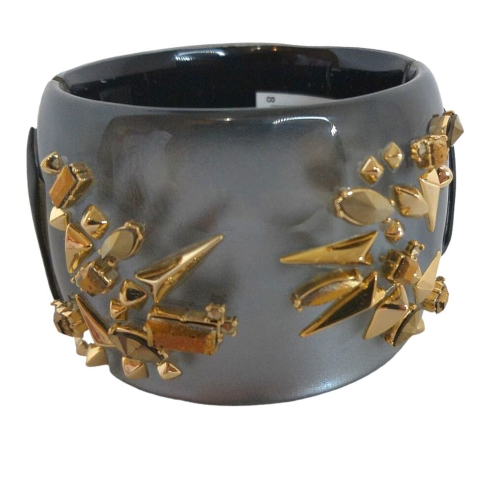Alexis Bittar Studded Grey Lucite Cuff Gold Plated Spike Hinged Bangle Bracelet